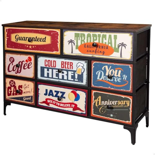 AKTIVE Max Home Mehrzweck-Schlafzimmerkommode, Retro- und Vintage-Grafiken, 8 leichte Stoffschubladen, 103 x 30 x 77 cm, Stahlrahmen, Holzplatte, Nachttische, Wohnzimmermöbel (18403)