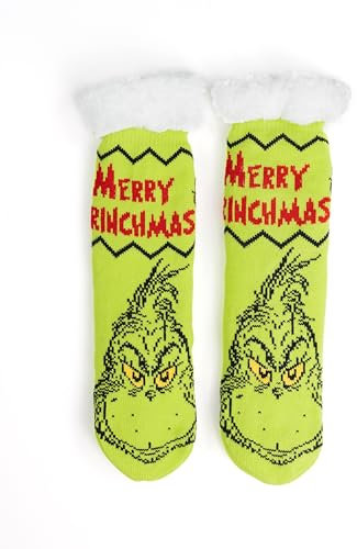 United Labels Grinch Kuschelsocken für Damen, Grün, 39-42, flauschige Stoppersocken Merry Grinchmas, Wintersocken, warme Socken, Hüttensocken