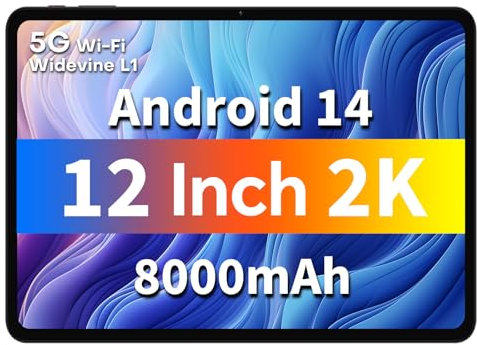 ODEA 【Tablet 12 Pollici 2K 2000x1200 IPS Display】 A12 Android 15 Tablets,8000mAh Batteria,12GB+128GB(4TB TF),Unisoc T606 Octa-Core A75 CPU 2Ghz,13MP/5G WiFi/BT 5.0/GPS/Face ID/Widevine L1