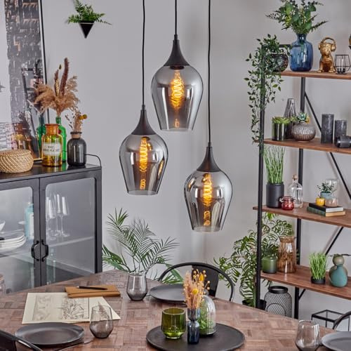 HOFSTEIN Hängeleuchte Lutarp, 3-flammige Hängelampe aus Metall/Glas in Schwarz/Rauchfarben, Retro/Vintage-Design (Ø 18cm), E27, Pendelleuchte höhenverstellbar bis 120cm, Esszimmer, Wohnzimmer, Küche
