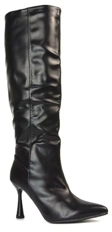 ESSEX GLAM Women's Knee High Heeled Boots Ladies Stiletto Calf Pointed Toe Black Synthetic Leather Size 8