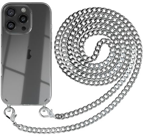 EAZY CASE Handykette kompatibel mit iPhone 16 Pro Handyhülle mit Metall Umhängeband und Ersatz Kordel schwarz, Handykordel mit Schutzhülle, Stylische Kette, Metall - Silber