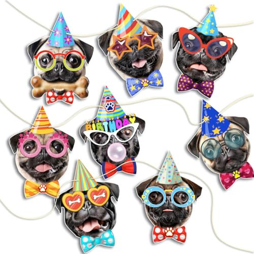 Mops Hund Geburtstag Girlande Fotografie Mops Gesichter Geburtstag Banner Lustige Mops Hund Bday Party Wimpelkette Dekoration (Mops Gesicht)