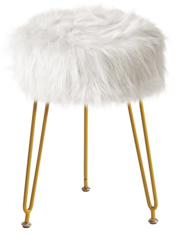 IBUYKE Faux Fourrure vanité Tabouret Chaise, Tabouret de Maquillage à Fourrure Ottoman, siège rembourré Doux, Rond Repose-Pieds tabourets avec 4 Jambes en métal, pour Chambre à Coucher, Blanc LG-32W