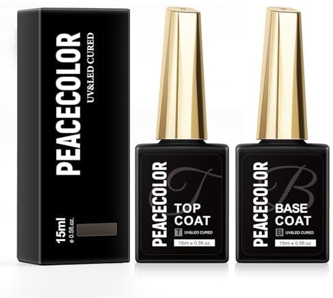PEACECOLOR Base Coat Top Coat Gel UV Nagellack Set, 2 x 15ML Unterlack & No Wipe Überlack Soak-Off UV/LED Nagellack Gel für Nägel Design