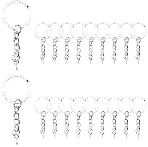 20Pcs Keyring Rings Split Keyring with Chain, Metal Key Ring Blanks Key Ring Hoops with Jump Rings and Screw Eye Pins, DIY Keyrings Making Kit, Silver (Flat)