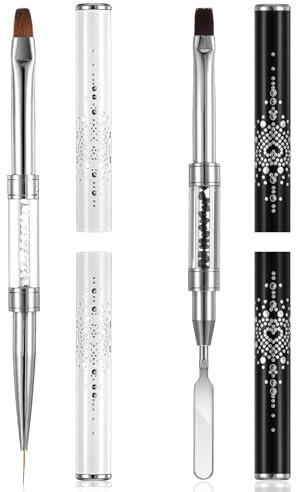 2 Pcs Builder Gel Brush,Poly Dual Ended Flat Gel Nail Brushes 2 In 1 Design Flat Manicure Spatula with Transparent Pen Box for Gels Acrylic Nails Extension(White,Black)