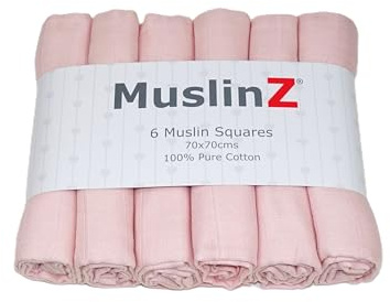 MuslinZ- 6 pack Muslin Squares Baby Burp Cloths 70x70cms Perfect for Newborns, multi-use, Oeko-Tex standard 100, UK brand. (Pale Pink)