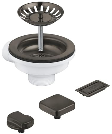 GROHE Zugstangen-Ablaufgarnitur für 1-Becken Küchenspüle (mit 2 Fernbedienungsknöpfen: rund & eckig, Überlaufabdeckung und Korbsieb), anthrazit gebürstet, 40996AL0