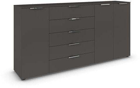 Rauch Möbel Flipp, Kommode, Farbe Graphit, Breite 199 cm | Sideboard, 3-türig, 5 Schubladen, Soft-Close-Funktion, für Schlafzimmer, Gästezimmer, Wohnzimmer, Garderobe, Flur