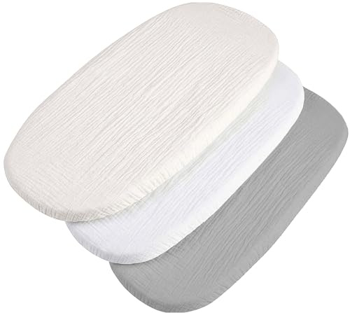 Medi Partners Spannbettlaken Musselin Baby Kinderwagen Laken 86x40 3-Pack Bettlaken Stubenwagen - 100% Baumwolle Musselinlaken Fitted Sheet für Beistellbett Babybett Bezug (Beige-Weiß-Graue)
