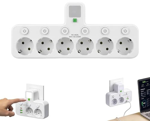 Multiprise sans Câble avec Veilleuse, Bloc Multiprise Murale 2/3/4/5 Prises avec 1 Type-C 2 USB Interrupteur Individuel pour Chambre Bureau Voyage (Weiß,6 Dosen)