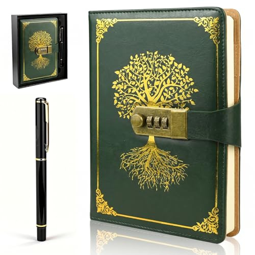twirush A5 Diary with Lock, Vintage PU Leather Journal With Lock, 300 Pages Lined Paper Password Notebook with Pen & Gift Box, Secret Diary Lockable Journal for Women, Girls, Men, Students (Green)