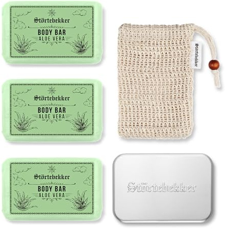 Störtebekker® Premium Duschset Body | 3x Festes Duschgel (Aloe Vera) inkl. Sisal Soap Bag & Soap Box XL für Herren & Damen | vegan & handgefertigt in Holland