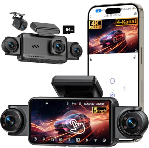 Dash Cam Front Rear Camera: 4K / 1080P Dashcam for Car 4 Channel 4 x 140° Wide-Angle with 5 Touchscreen, Car Dashcam with Loop Recording IR Night Vision 24H Parking Mode G-Sensor App Control 64GB