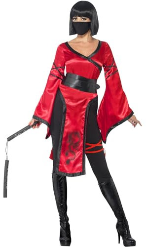 Smiffys Kostüm Schattenkriegerin, mit Kleid, Gürtel, Leggings, Maske und Nunchaku