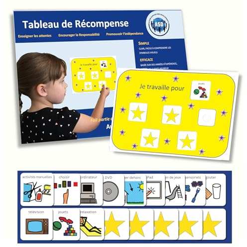Tableau de Récompense Enfant Autiste, Étoiles A4 TDAH (Français) | Support visuel comportement, 12 pictogrammes, objectif choisi, 5 étapes, école/maison, PCS Boardmaker, compatible avec PECS