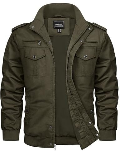 TACVASEN Giacca in Cotone Leggero, Stile Casual, Elegante per Uomo (Medio (M), Verde Militare)