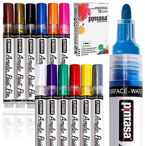 PINTASA Acrylic Paint Marker Pens, Set of 12 Colors Water Based Paint Pen for Rock Painting, Canvas, Photo Album, DIY Craft, School Project, Glass, Ceramic, Wood, Metal