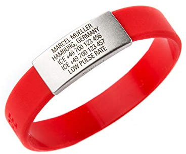ICEstripe Notfall ID Armband Personalisierte Benutzerdefinierte Medizinische Alarm Armband mit Edelstahlplatte inkl. Kostenlose Gravur nach Wunsch Sport ID (Race Rot, 202)