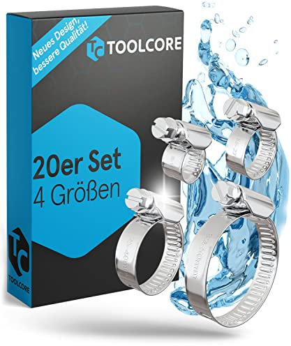 TOOLCORE® Schlauchschellen Edelstahl 8-50mm [Extra Stark] 20er Mix in Qualität W4 – Für Garten, Waschmaschine, Pool, KFZ - Schlauchklemmen, Schlauchschellen Set, Schellen, Klemmschelle…