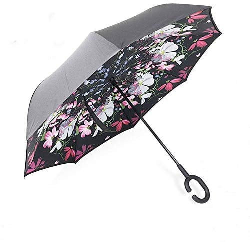 NNY Inc Double Layer Inverted Umbrella Cars Reverse Open Folding Umbrellas, Windproof UV Protection Large Self Stand Upside Down Straight Umbrella for Golf Women and Men with C-Shaped (Beauty Flower)