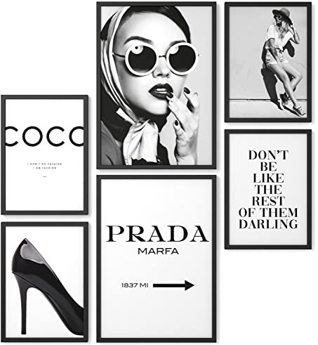 Papierschmiede® Mood Poster Set Coco Schwarz-Weiß, Bilder Wohnzimmer Deko Schlafzimmer, 2x DIN A4 und 4x DIN A5, Glamour Lifestyle Mode - ohne Rahmen