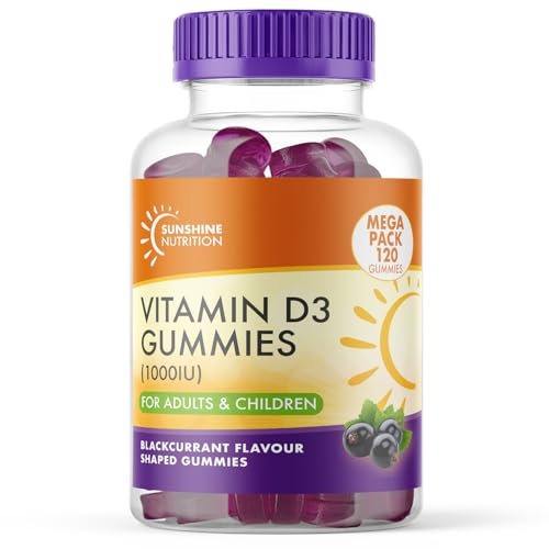 Vitamin D 120 Gummies for Adults and Children - Contains 1000IU (25ug) VIT D3 Supplement for Immune Support - Easy Take Very Tasty Blackcurrant Flavour - 4 Month Supply