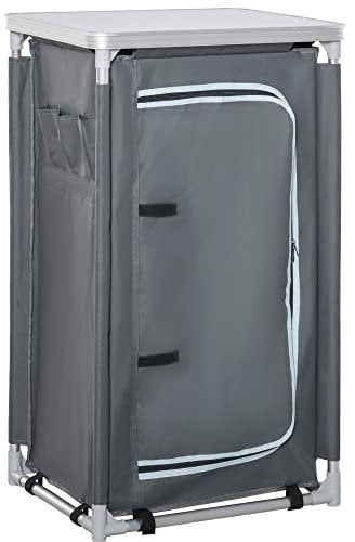 Outsunny 3-Shelf Camping Cupboard Camping Kitchen Station Cook Table, Storage Organiser for BBQ Party Picnics Backyards with Carrying Bag, Grey