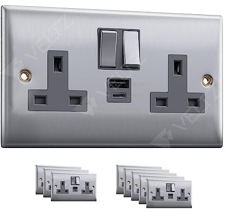 USB C Socket | 20W Super Fast Charging | PD, QC 4.0 | VELTZ Pro | Double Plug Wall Socket 13A 2 Gang | Brushed Steel (3 Pack)