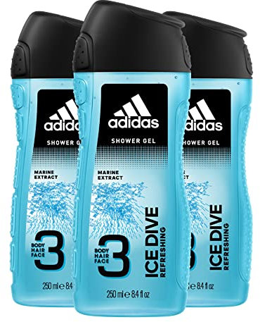 Adidas, Ice Dive Gel Doccia Bagnoschiuma 3 in 1 per Corpo, Capelli e Viso, 3 flaconi da 250 ml