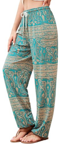 QIANXIZHAN Damen Haremshose Hippie Palazzo Hose Boho Jogger Yoga Kleidung mit Taschen, 4-Cyan Flower, Groß