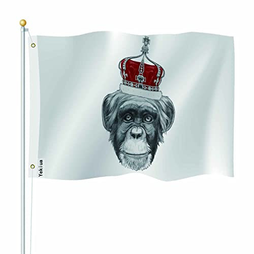 Yekiua Affe mit Kronenflagge, 91x152 cm, niedlich, lustiger Schimpansenkopf, König, Hochformat, UV-geschützt, Banner, langlebige Flagge für drinnen und draußen, mit Messingösen, Weiß,Grau