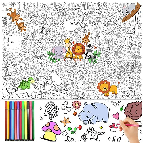 Ausmaltischdecke für Kinder mit 12 pcs Aquarellstifte Tischdecke zum Ausmalen Papiertischdecke Tischdecke aus Papier zum Bemalen Tiere Zoo Dschungel Kindergeburtstag Einschulung Geschenk