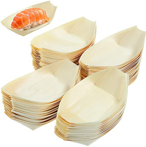 Cabilock 200PCS Wooden Sushi Serving Tray Plate Japanese Sashimi Dishes Food Container Take Out Trays for Restaurant Home Weddings Parties 13.5cmx7.7cm