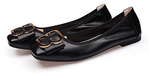 MACHSWON Womens Fold up Pumps Casual Roll up Shoes Square Toe Mental Buckle Slip on Loafers Dressy Flats Dolly Shoes(Black, Size 8.5)