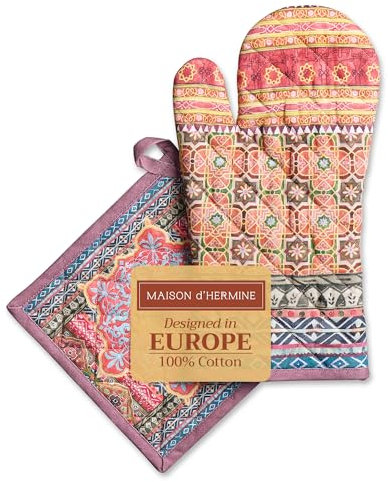 Maison d' Hermine Ofenhandschuh und Topflappen, 100% Baumwolle, hitzebeständiger Ofenhandschuh(19cm x 33cm) & Topflappen(20cm x 20cm) für Köche, Ispahan – Erntedankfest/Weihnachten