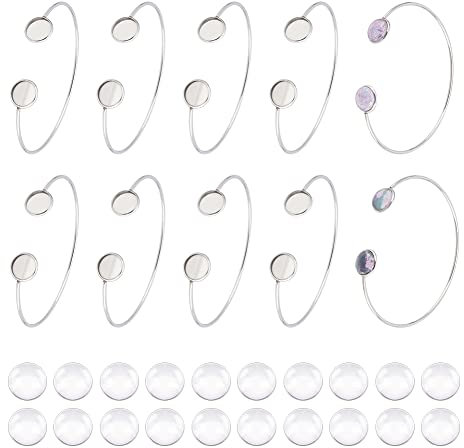 UNICRAFTALE 10 STK Cabochon Manschetten Armreif 73.5 mm 304 Edelstahl Rohlinge Armreif Armbänder Mit 20 STK Transparenten Glas Cabochons 12mm Flaches Rundes Tablett Manschetten Armreif Schmuckzubehör