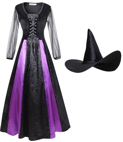 maxToonrain Witch Costumes for Women Accessories,Ladies Halloween Costumes Cosplay Party Wicked Witch Hat Dresses Outfits Fancy Dress for Womens(Purple Lace,2XL)