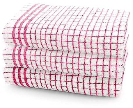 Velosso Large Checkered Chunky Kitchen Tea Towel Bundle Set Quality Cotton Soft and Absorbent Dish Towels, Tea Towels with Embroidery (Pink, 3 Pack)