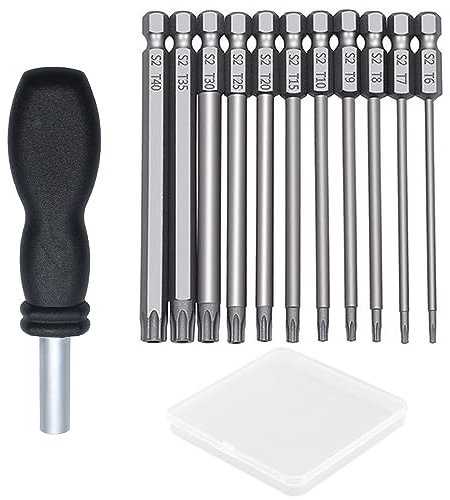 TUAKIMCE 11 PCS 100mm Torx Screwdriver Bits, T6-T40 S2 Steel 1/4 Inch Magnetic Star Torx Security Head Screwdriver Bits Set for Electric Manual Screwdrivers with Black Handle