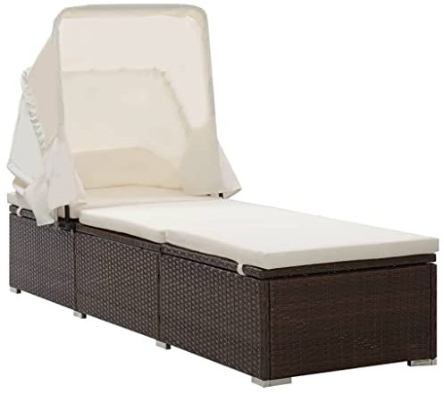 vidaXL Sonnenliege, Liege mit Dach Kissen, Gartenliege mit Stahlgestell, Sonnenbett Chaiselongue Gartenmöbel Strandliege, Braun Poly Rattan