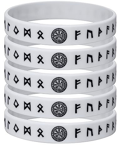 FLHEART Silikon Armbänder Herren: 5 Stück Weiß Nordisches Wikinger Runen Armband für Männer Frauen, Wasserdichtes Gummiband Komfortable Passform, Geschenke