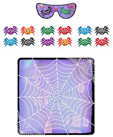 Halloween Party Games for Kids - Pin The Spider on The Web, 14 Piece Fun Halloween Spider Game, Suitable for Children Of All Ages, Includes Blindfold, Stickers, and Poster, Party Supplies Decoration