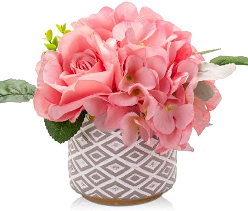 Hollyone Artificial Flowers in Pot, Pink Silk Roses Fake Hydrangeas Potted, Faux Flower Arrangements with Cement Pot for Home Decor, Wedding, Centerpiece, Living Room, Office, Bathroom Decorations