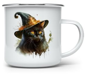 MAXIKIWI - Langlebiger Emaille-Kaffee- oder Tee-Camping-Becher für den Innen- und Außenbereich - Aquarell Schwarze Katze Hexe - 350 ml