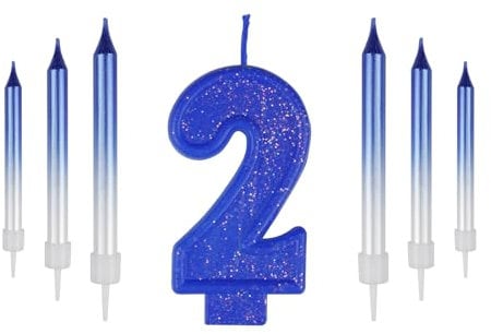 ZHIHUI 7pcs Number Birthday Candles, Blue Number 2 Cake Topper, 2nd Birthday Candles, Blue Metallic Shiny Number Happy Birthday Cake Candles for Birthday Party Wedding Anniversary Celebration Supplies