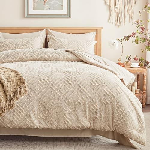 Luofanfei Boho Bettwäsche 220x240 Beige Bohemian Style Wendebettwäsche Set Microfaser Stickerei Geometrisches Muster Bettbezug und Kissenbeüge 80x80cm mit Reißverschluss