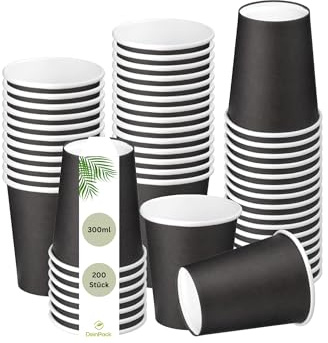 DeinPack Lot de 200 gobelets en carton de 300 ml, diamètre : 90 mm, noirs, jetables, noirs, pour dégustation, snacks, à café jetables en carton kraft