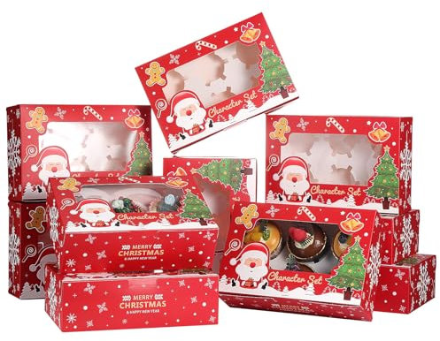 Coolty 20 Stück Cupcake Boxen 6 Löcher Karton Verpackung Boxen Bäckerei Gebäck Boxen mit Fenster und Einsätze für Cookies Muffins Cupcakes Desserts Torten (Rot Weihnachtsstil)
